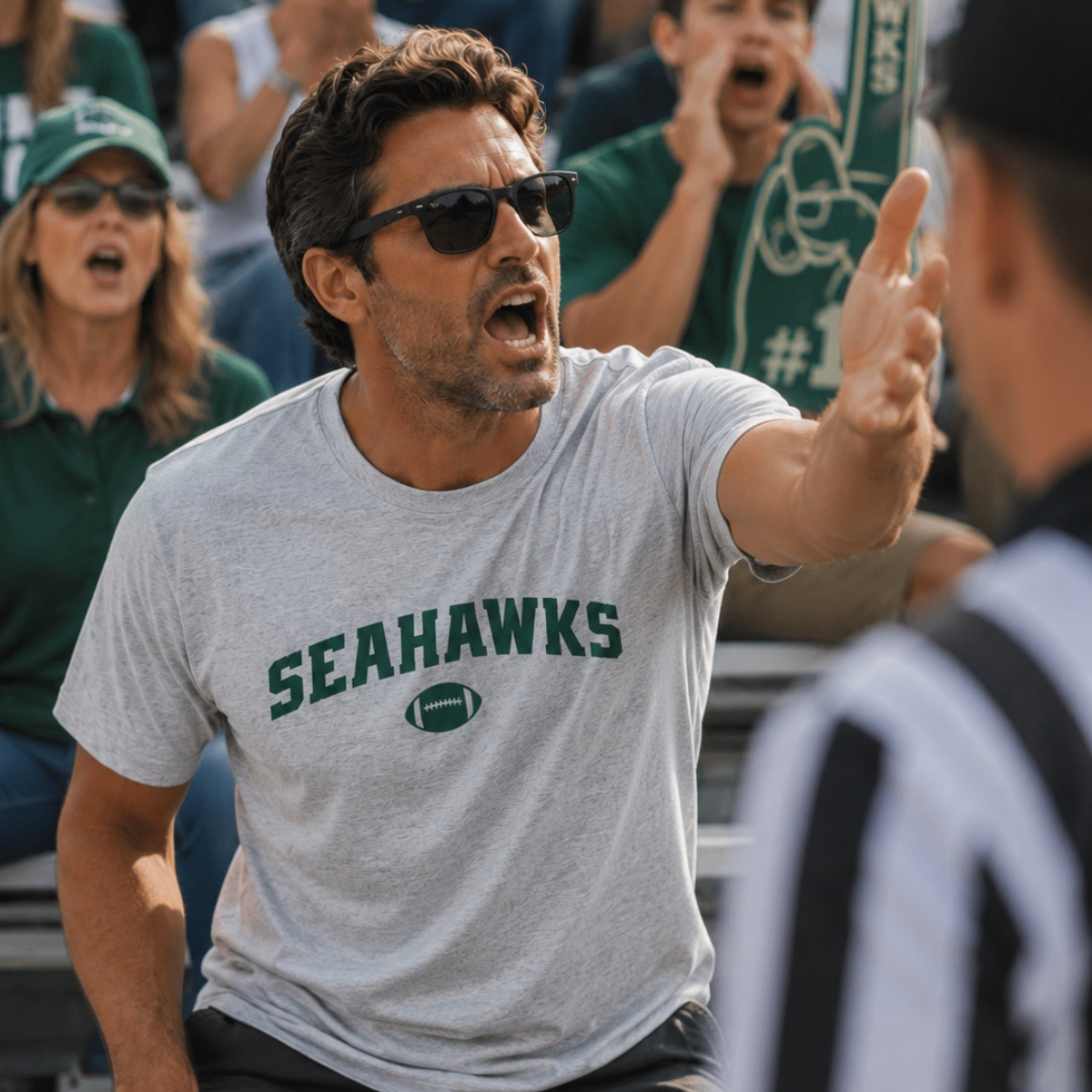 A man in a gray heather T-shirt with 'SEAHAWKS' printed in green at a stadium, wearing sunglasses and gesturing animatedly. Other spectators and a referee are visible in the background and foreground.