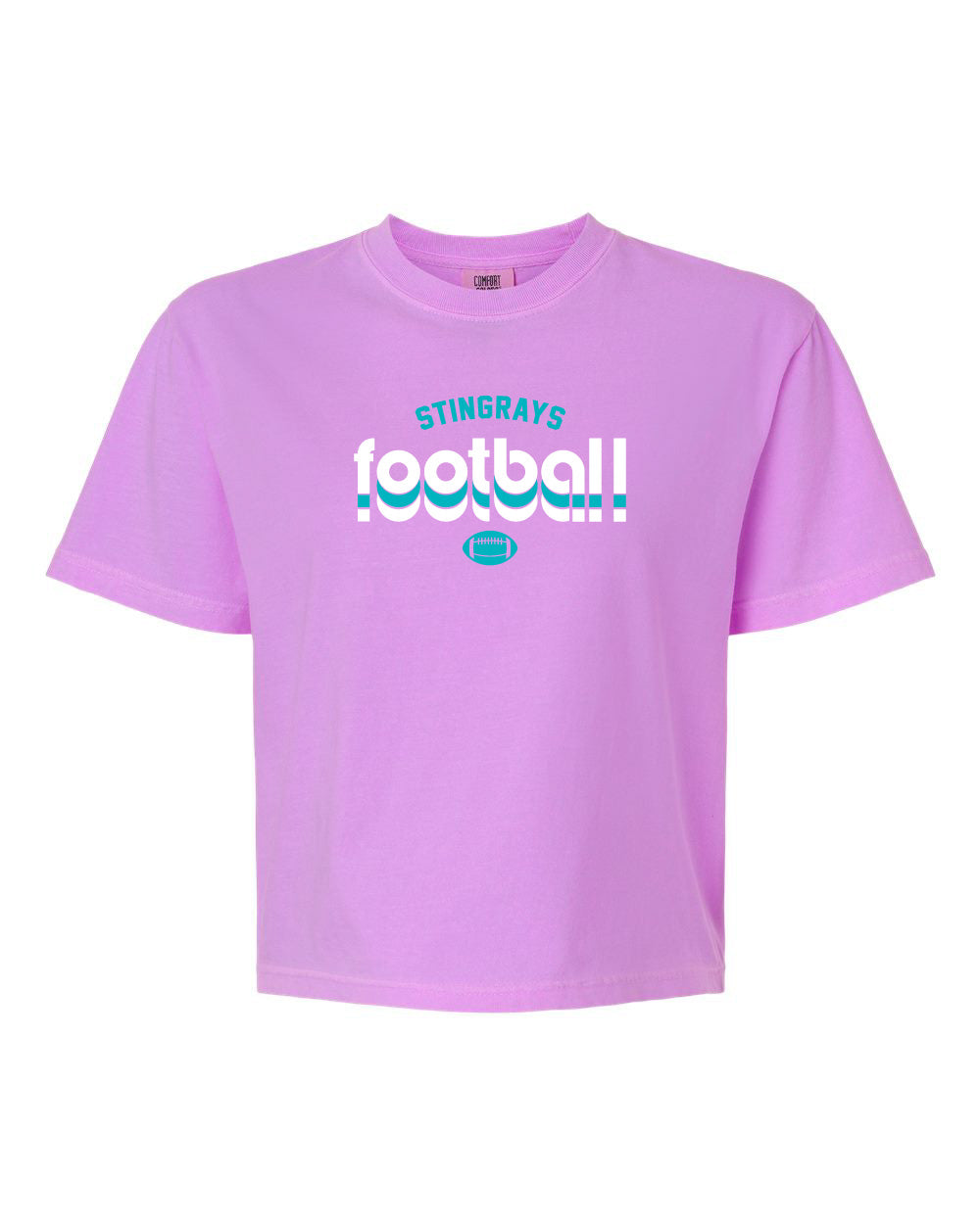 A light purple short-sleeve t-shirt with a graphic on the chest that reads 'STINGRAYS football' in white and teal, with a small football icon below, displayed on a solid white background.