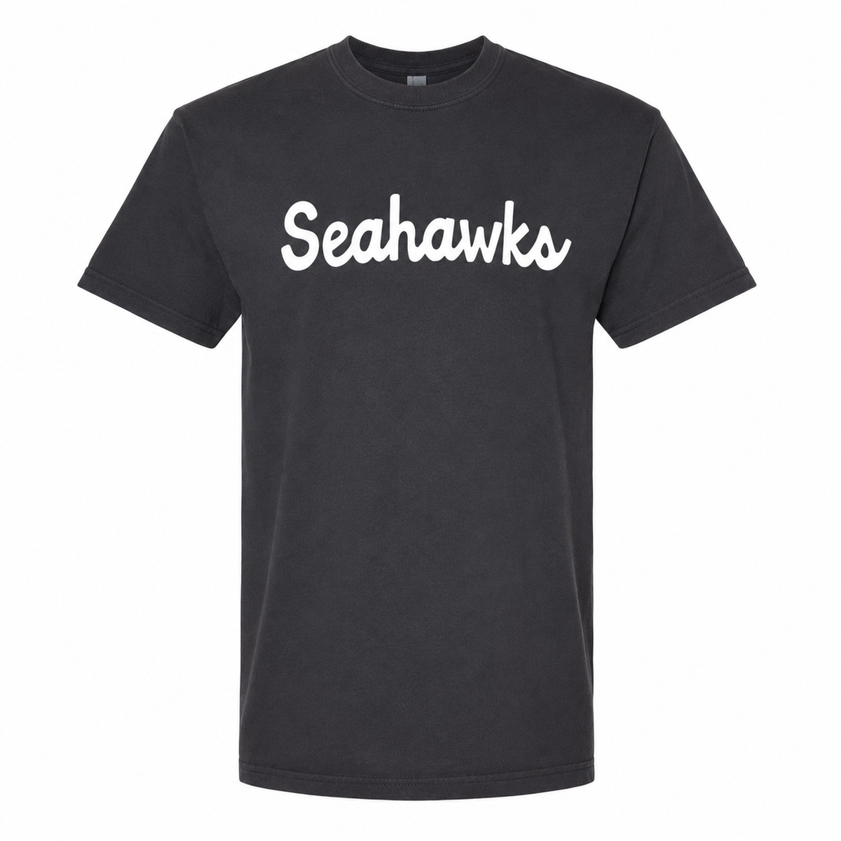 A dark charcoal gray short-sleeve crewneck t-shirt featuring the word 'Seahawks' printed across the chest in a white cursive script, displayed on a clean white background.