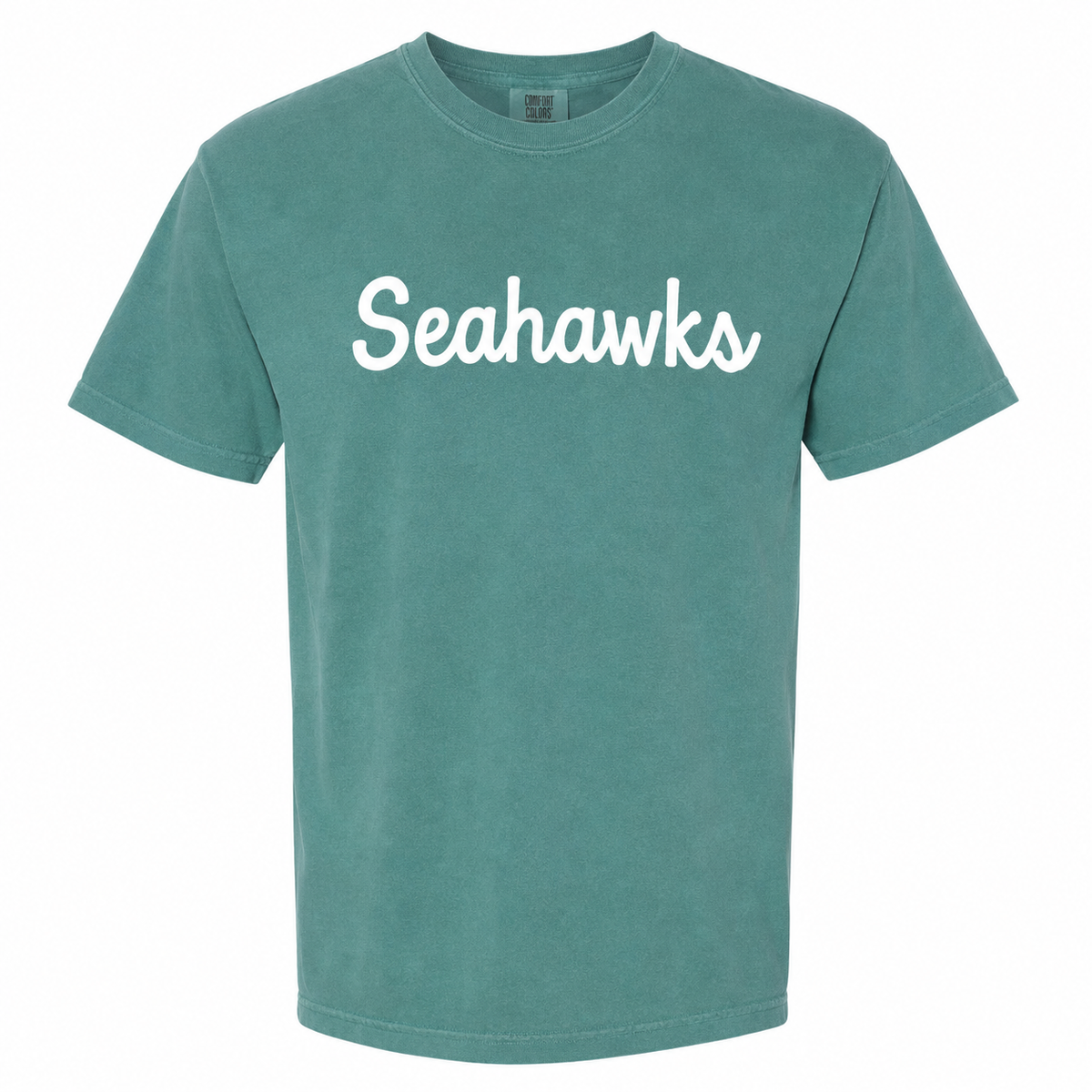 A teal green short-sleeve t-shirt with the word 'Seahawks' printed across the chest in white cursive text, shown against a plain white background.