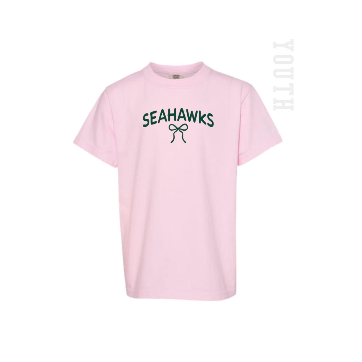 pink kids tee shirt with Seahawks and a bow on the front.