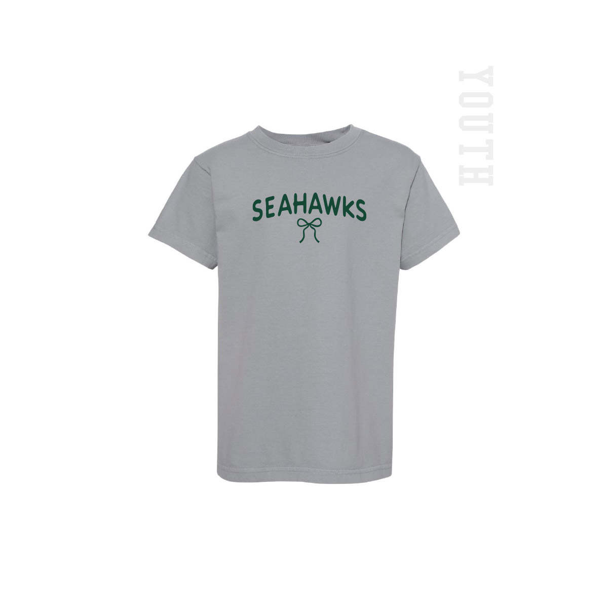 Granite shirt with Seahawks and bow in green print. 