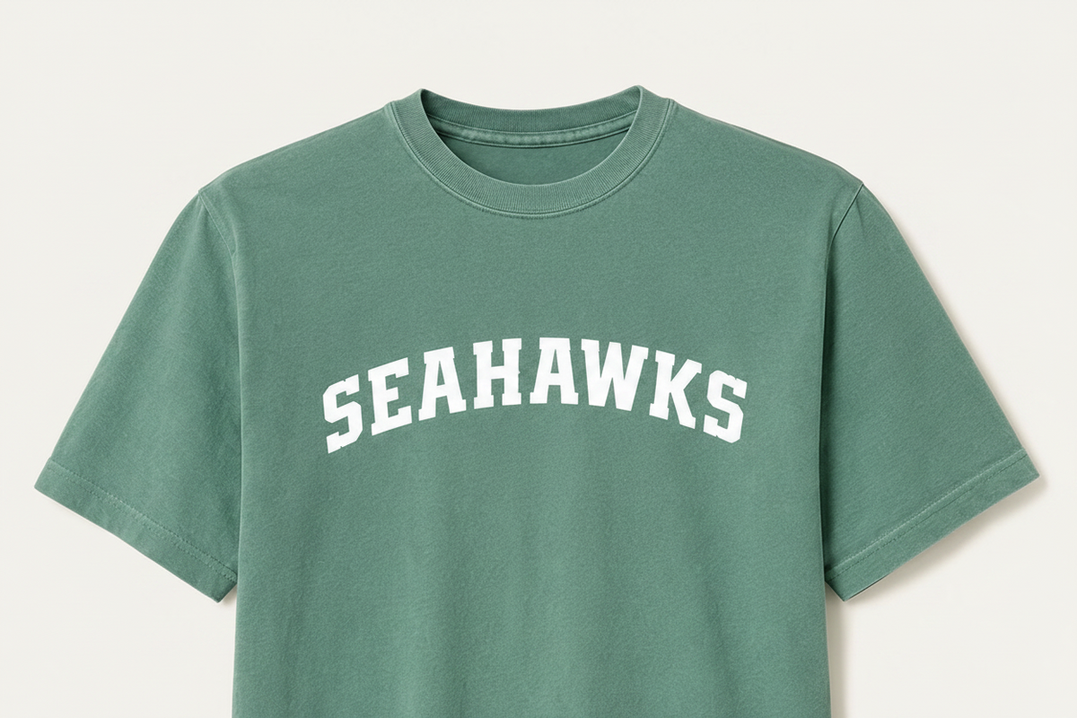 A green short-sleeve crewneck t-shirt with 'SEAHAWKS' and a football graphic printed in white on the chest, displayed against a light cream background.
