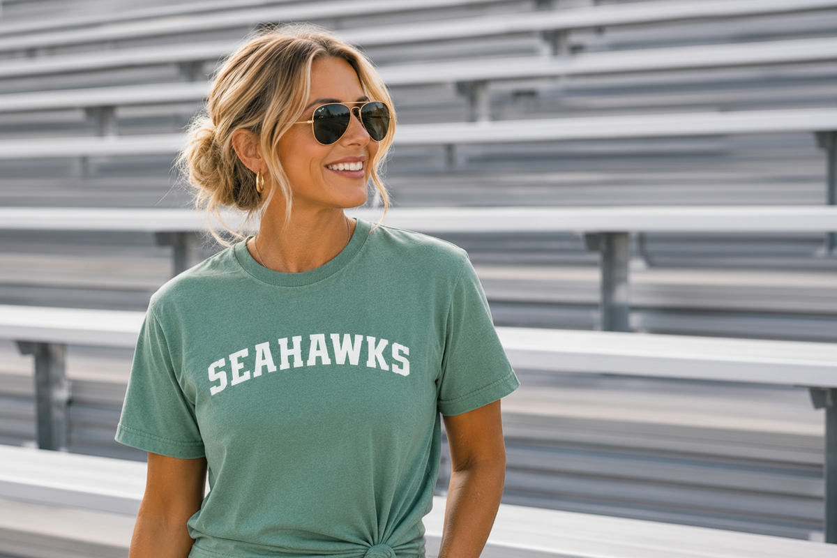 A woman wearing a faded green Seahawks graphic t-shirt tied at the waist, paired with light wash blue jeans, standing in front of stadium bleachers.