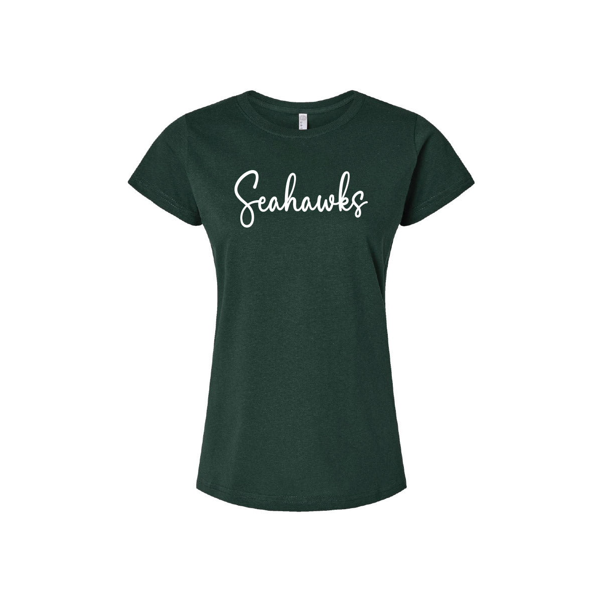 A dark green short-sleeve t-shirt with the word 'Seahawks' printed in white cursive across the chest, displayed on a clean white background.
