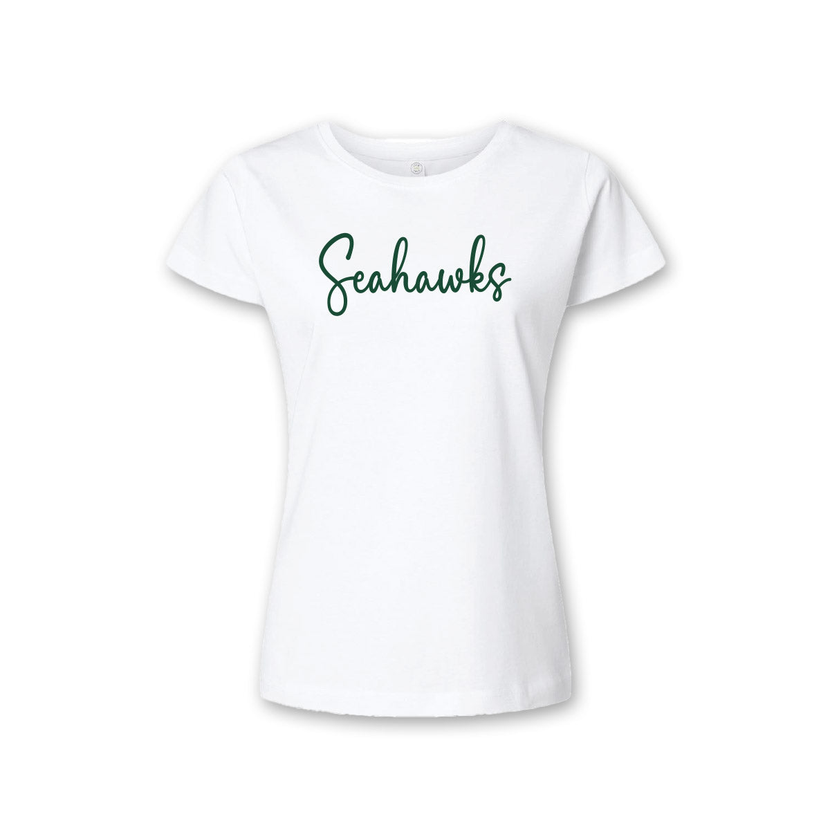 A white short-sleeve crewneck t-shirt featuring the word 'Seahawks' printed across the chest in a dark green cursive script, displayed on a clean white background.
