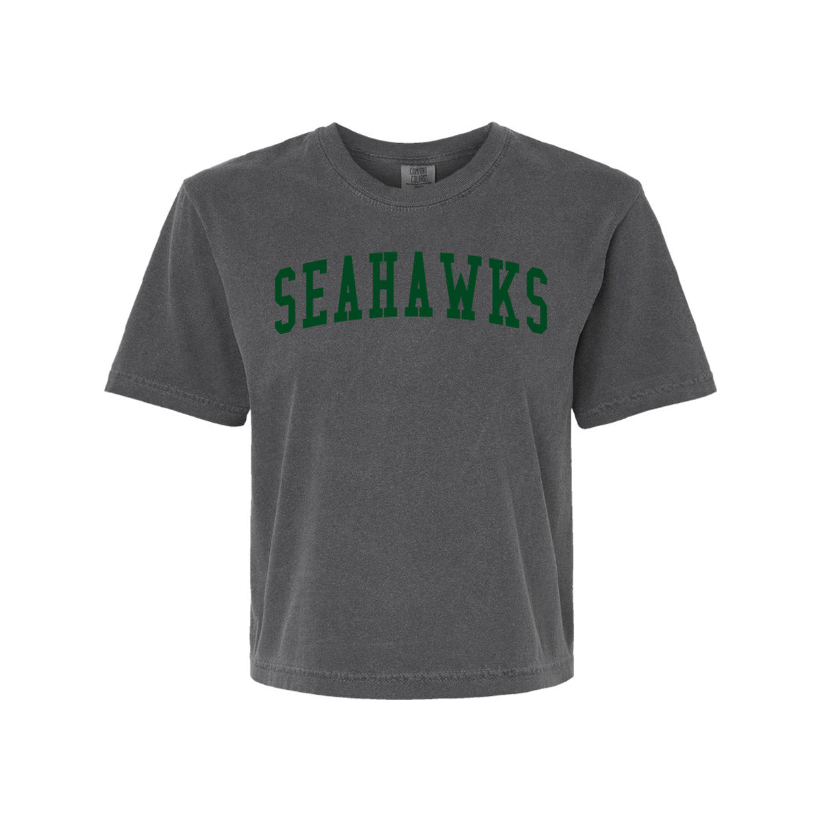 A dark gray short-sleeve crop top t-shirt featuring the word 'SEAHAWKS' printed across the chest in green varsity-style block letters, shown against a plain white background.