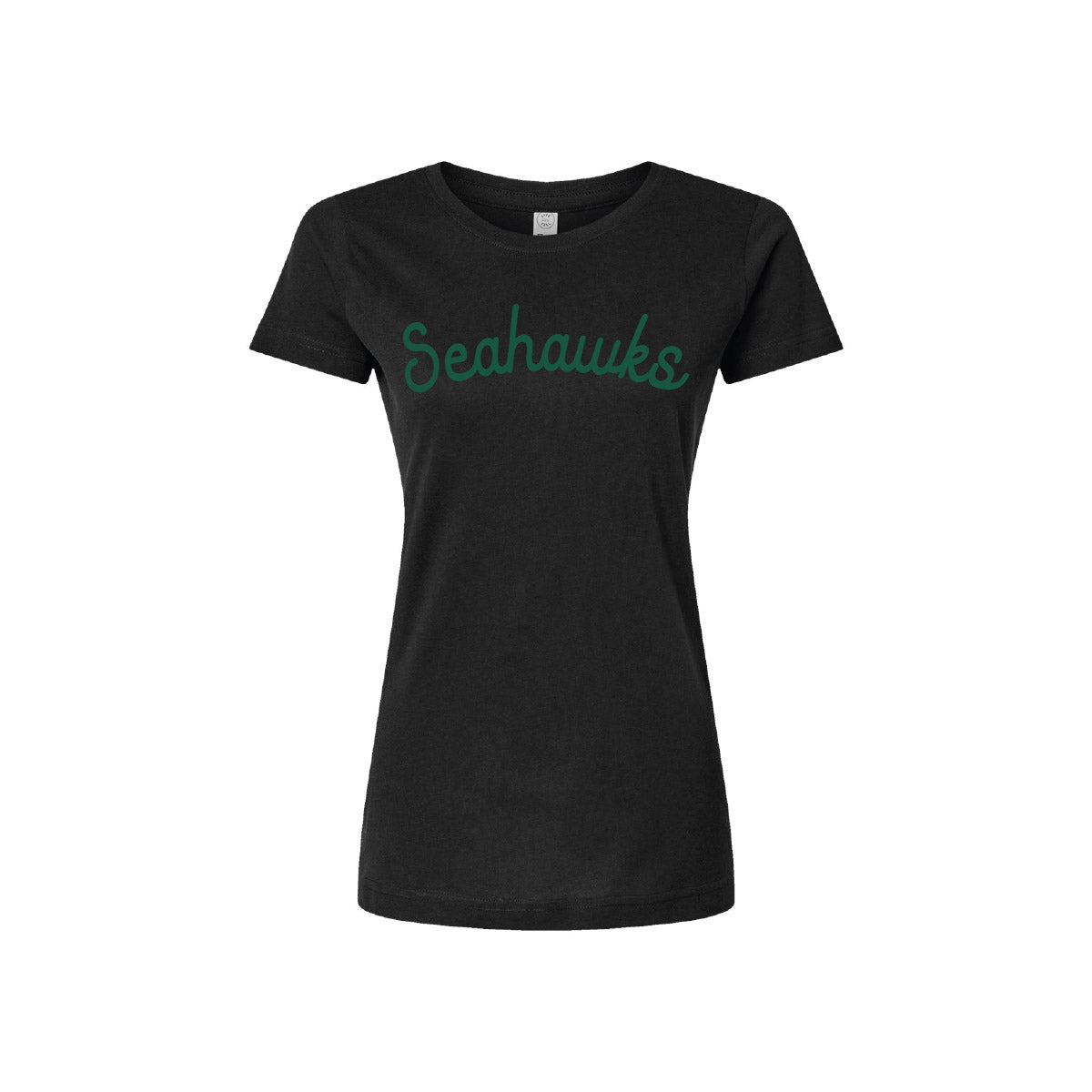 A black short-sleeve crewneck t-shirt featuring the word 'Seahawks' printed across the chest in a teal cursive font, displayed on a clean white background.