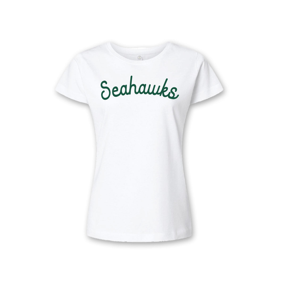 A white short-sleeve crewneck t-shirt featuring the word 'Seahawks' printed across the chest in a dark green cursive script, displayed on a clean white background.