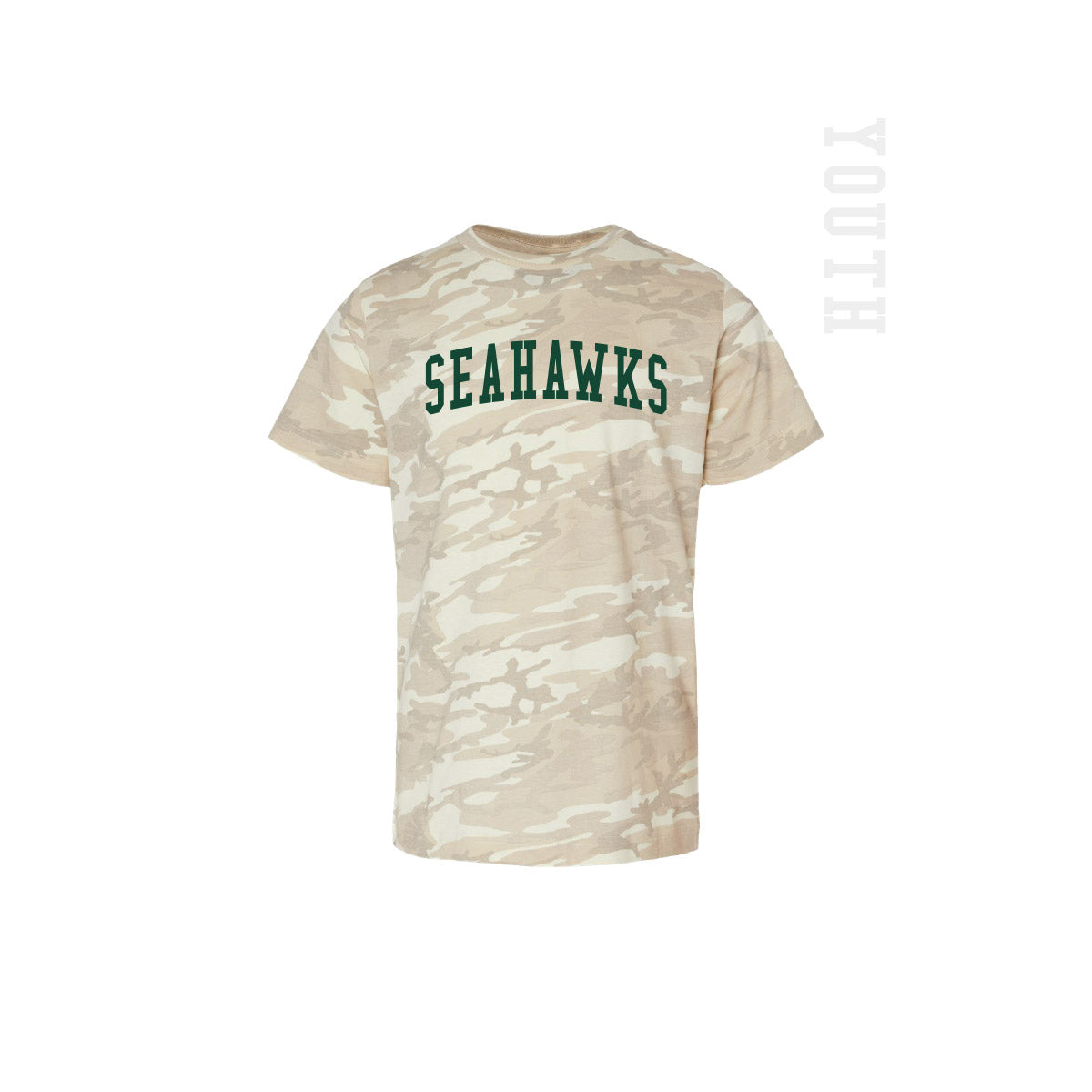 A youth short-sleeve t-shirt with a beige and off-white camouflage pattern, featuring 'SEAHAWKS' printed across the chest in dark green collegiate lettering. The word 'YOUTH' is vertically printed on the right side of the image.