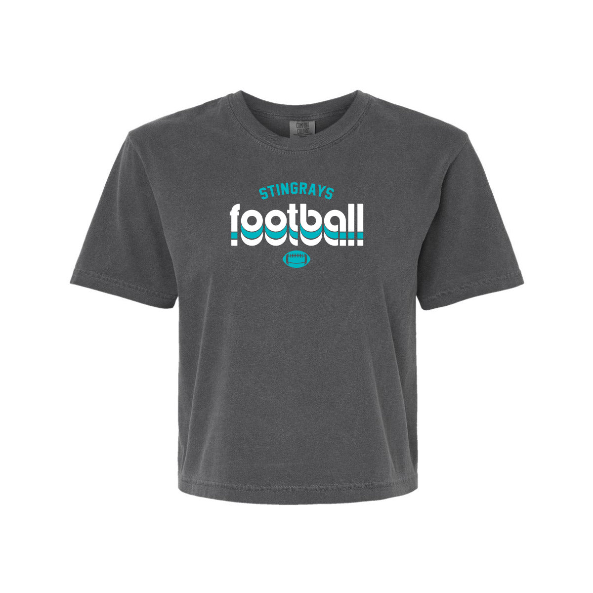 A dark gray short-sleeve t-shirt with a distressed graphic on the chest that reads 'STINGRAYS football' in teal and white, with a small football icon below, shown on a plain white background.